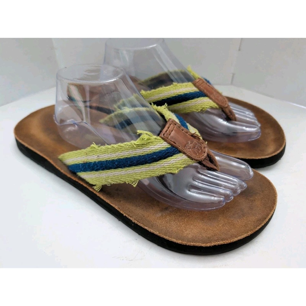 Vntg Abercrombie Fitch Leather Lime Green Blue Stripe Flip Flops Y2K 90s Men XL